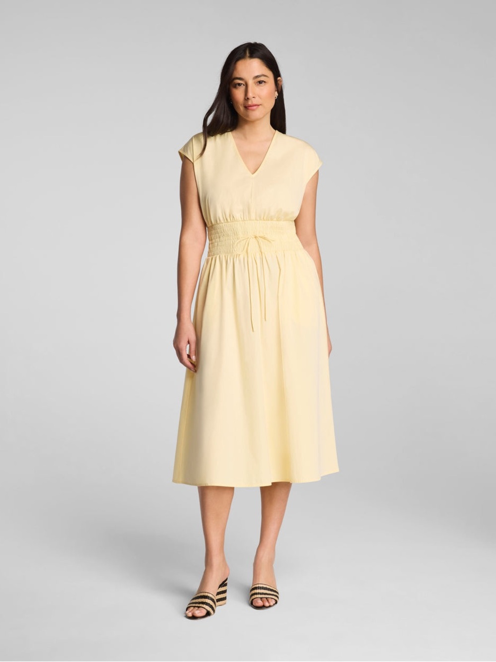 SPANX Pale Yellow V-Neck Smocked Waist Midi Dress